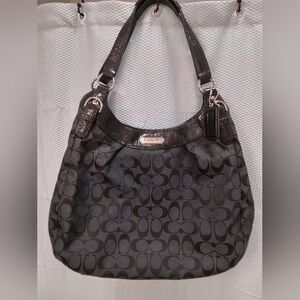 Coach Sig. Logo Black And Gray Canvas Leather Shoulder Satchel Handbag